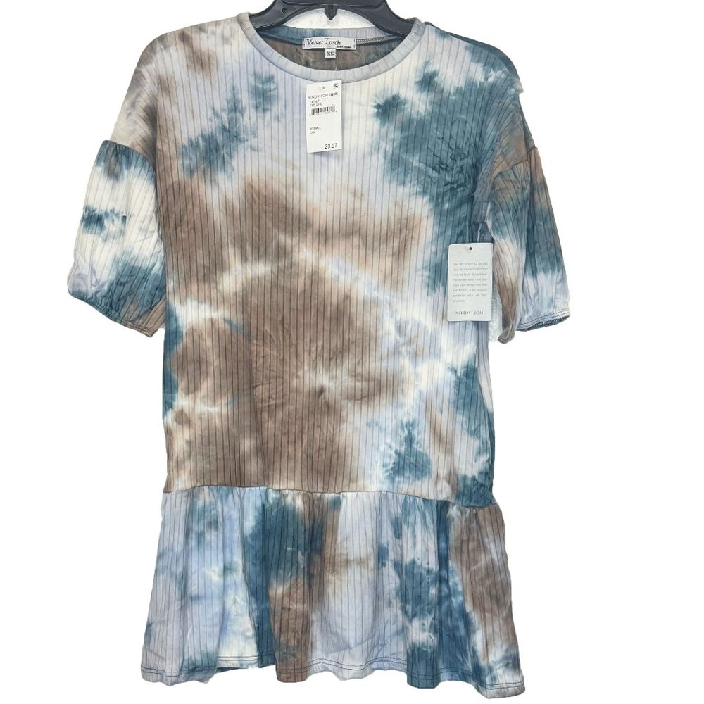 Velvet Torch Short Sleeve Crew Neck Ruffled Hem Mini Shift Dress - (Tye Dye, XS)